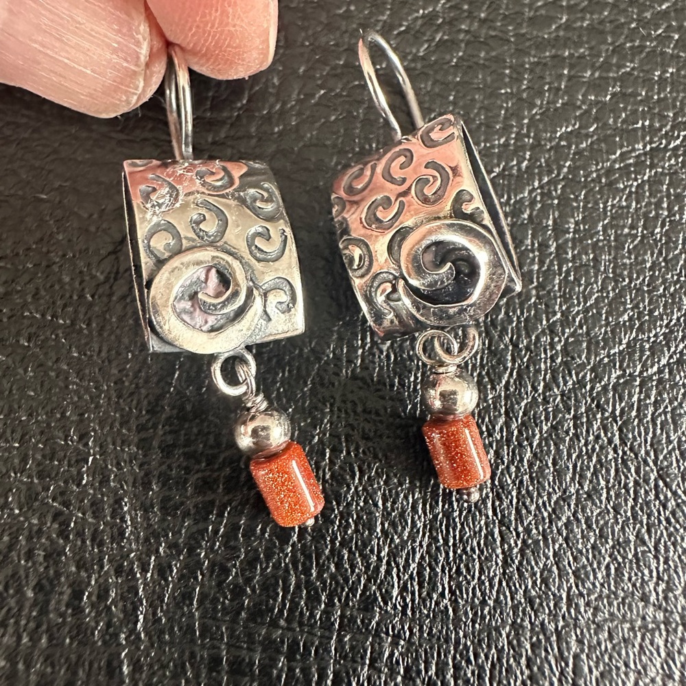 Silpada Silver Swirl Earrings with Goldstone Accents